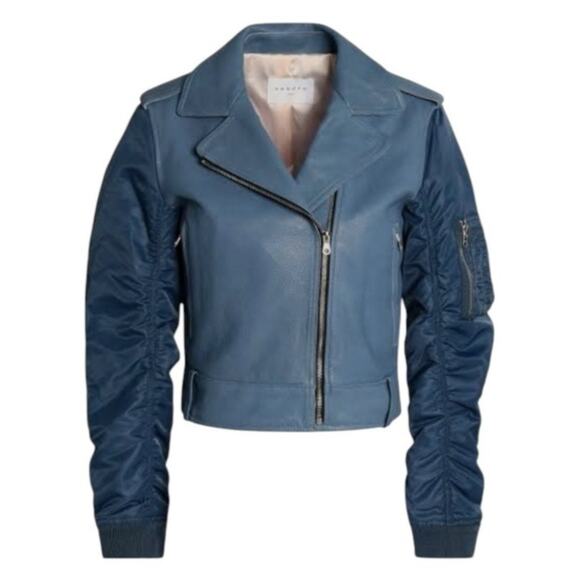 Sandro Blue Leather Jacket | Size 2 - Picture 15 of 15
